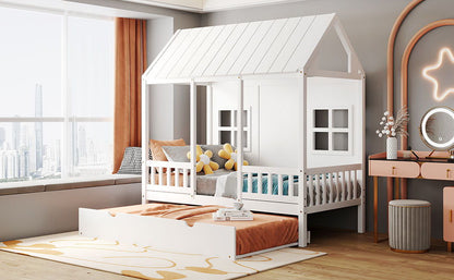 Twin Size House Bed With Twin Size Trundle, Daybed - White
