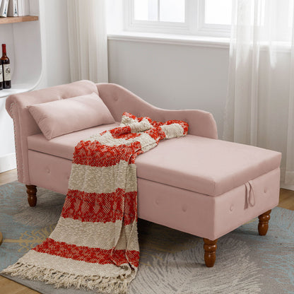 Chaise Lounge Indoor, Velvet Lounge Chair For Bedroom With Storage & Pillow, Modern Upholstered Rolled Arm Chase Lounge For Sleeping With Nailhead Trim For Living Room Bedroom Office - Pink