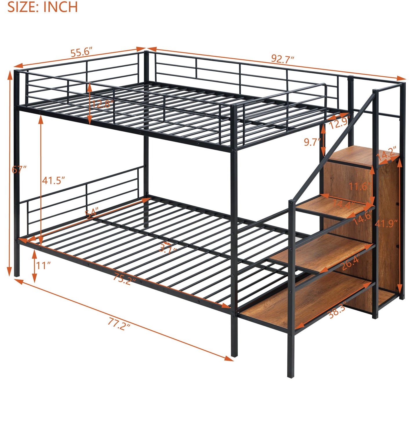 Full Over Full Bunk Bed With Lateral Storage Ladder And Wardrobe - Black