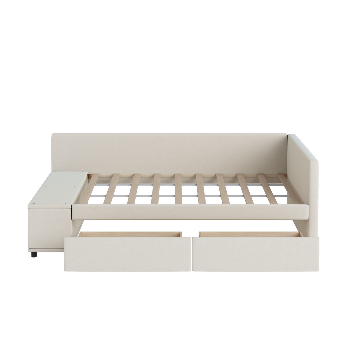 Twin L Shaped Upholstered Platform Bed With Storage And Drawers - Beige