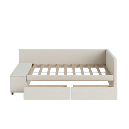 Twin L Shaped Upholstered Platform Bed With Storage And Drawers - Beige