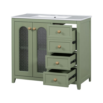 Bathroom Vanity With Two Soft Close Doors, Adjustable Shelves And Three Drawers - Green