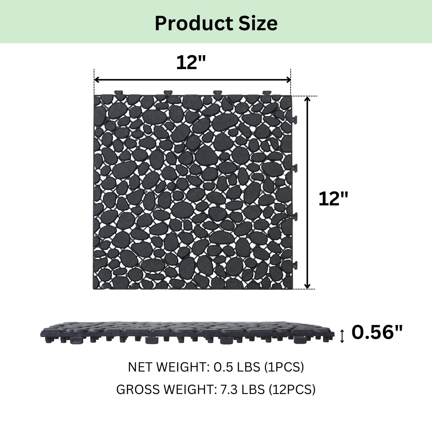 Interlocking Deck Tiles Plastic Waterproof Outdoor All Weather Anti-Slip Bathroom Shower Balcony Porch Strong Weight Capacity Upto 440 Lbs, Pebble Stone Pattern Pack Of 12 - Black