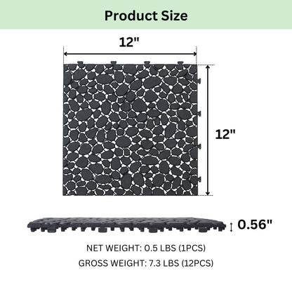 Interlocking Deck Tiles Plastic Waterproof Outdoor All Weather Anti-Slip Bathroom Shower Balcony Porch Strong Weight Capacity Upto 440 Lbs, Pebble Stone Pattern Pack Of 12 - Black