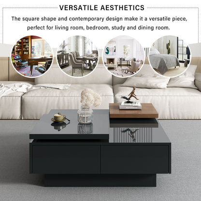 Movable Top Coffee Table, Modern Square Wood Coffee Table With High Gloss Finish, 4 Hidden Storage Drawers For Living Room - Black