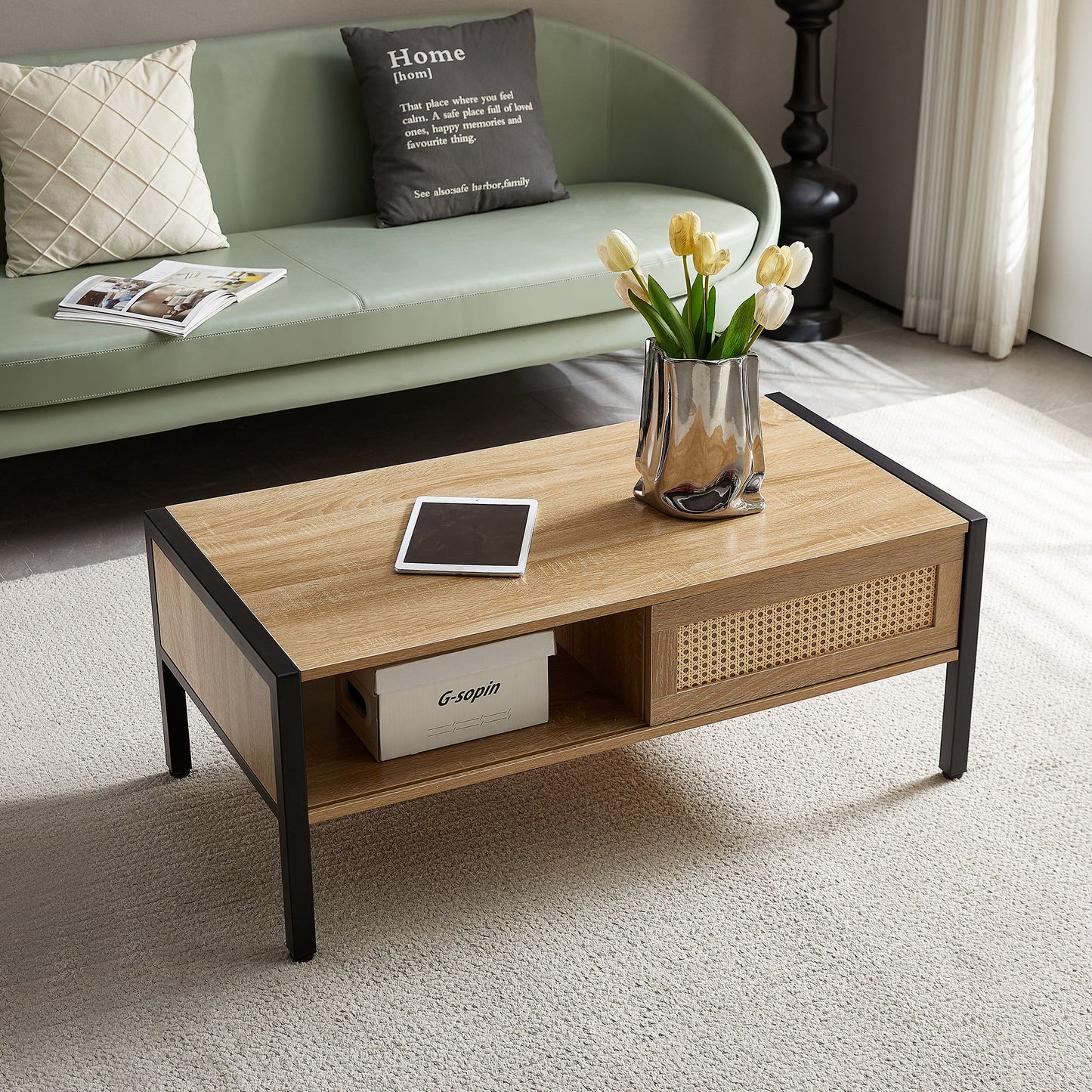 40.16" Rattan Coffee Table, Sliding Door For Storage, Metal Legs, Modern Table For Living Room - Natural