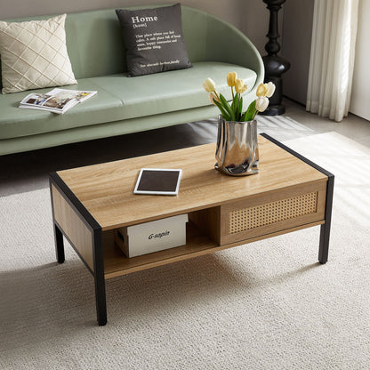 40.16" Rattan Coffee Table, Sliding Door For Storage, Metal Legs, Modern Table For Living Room - Natural