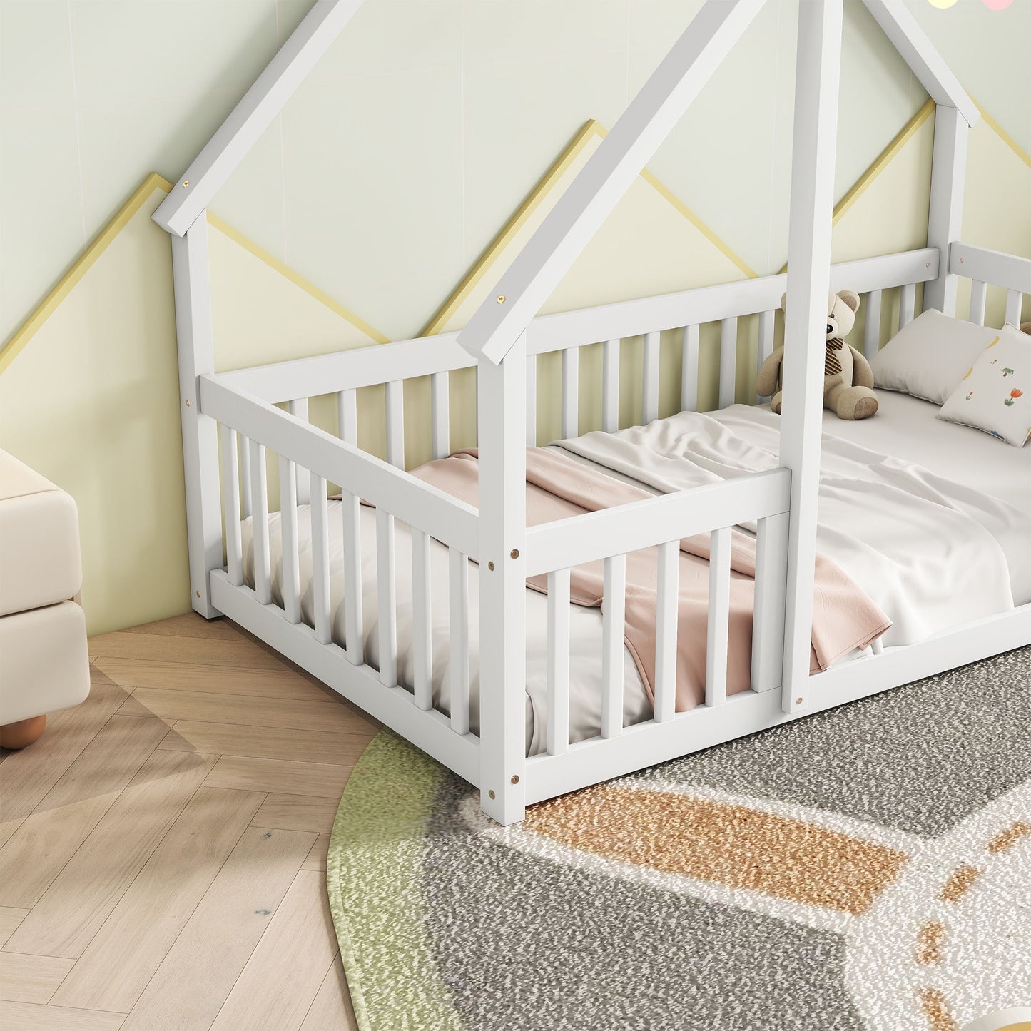 Twin Wood House-Shaped Floor Bed With Fence, Guardrails - White