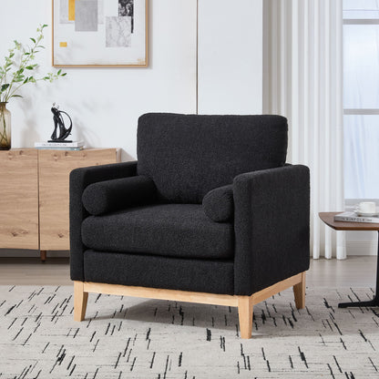 Wide Modern Farmhouse Performance Accent Chair With Natural Wood Legs, Wood Base Reading Armchair Single Sofa With 2 Bolster Pillows For Living Room Offices And Lounge - Black