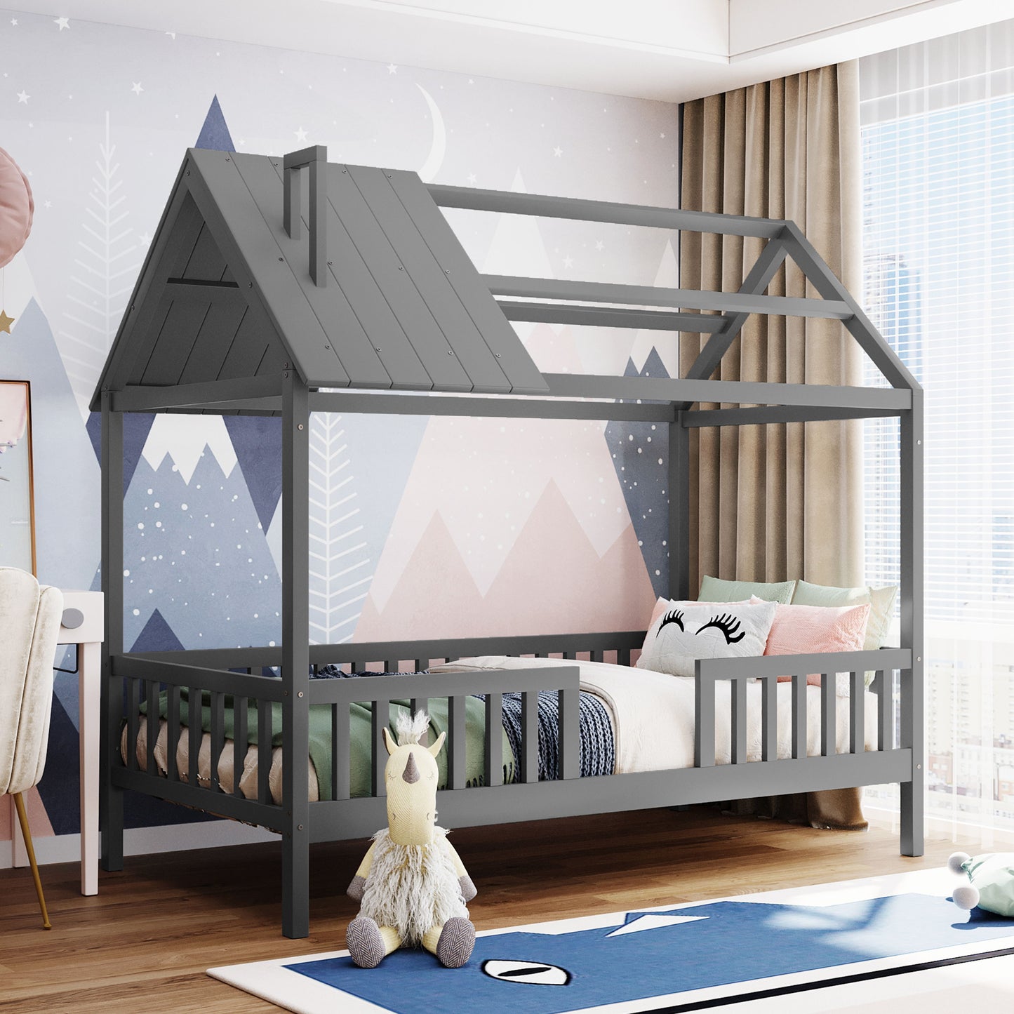 Twin Size House Bed With Fence - Gray