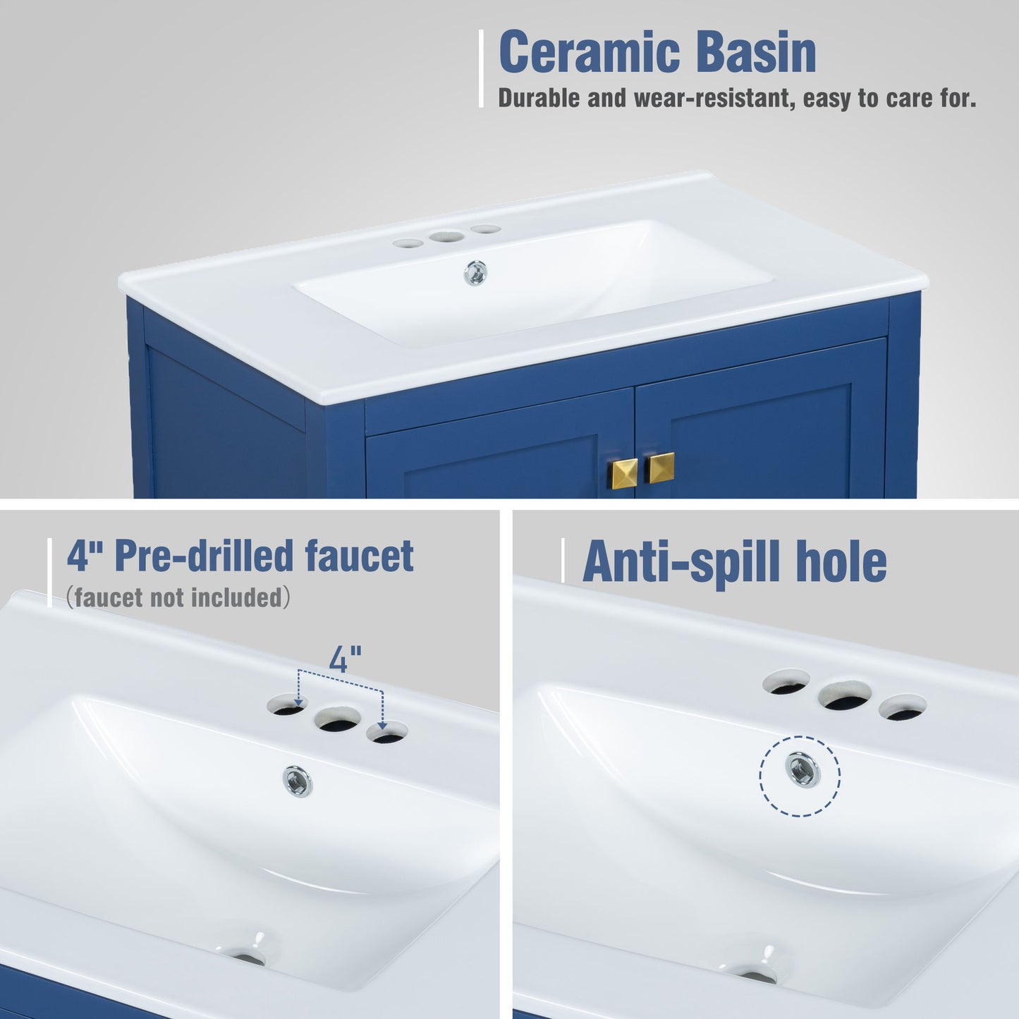 Bathroom Vanity With Single Sink, Combo Cabinet Undermount Sink, Bathroom Storage Cabinet With 2 Doors And A Drawer, Soft Closing, Multifunctional Storage, Solid Wood Frame - Blue