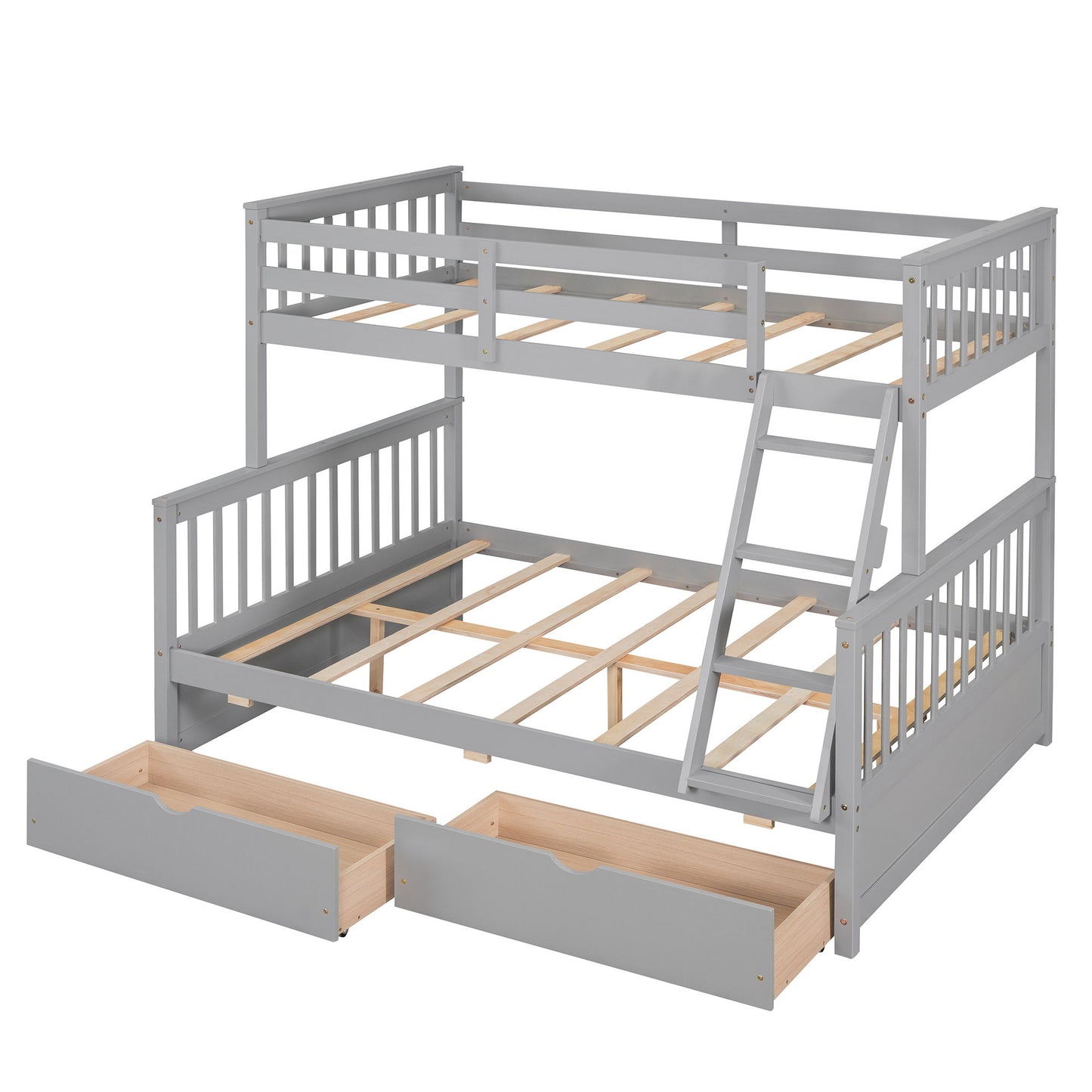 Twin Over Full Bunk Bed With Ladders And Two Storage Drawers - Gray