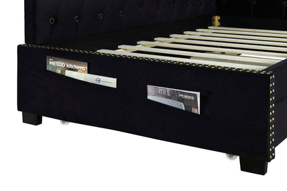 Upholstered Twin Size Daybed Bed Frame (Corner Bed) With Trundle, Velvet Fabric, Studding Design, No Box Spring Required - Black