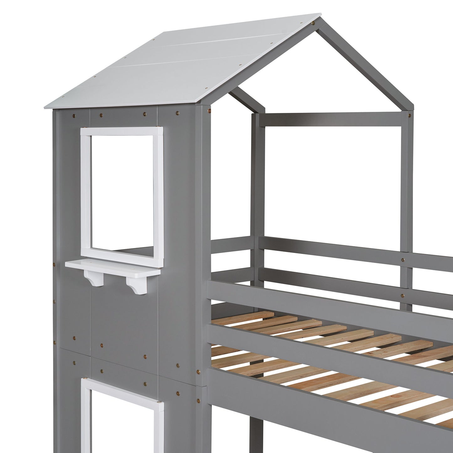 Twin Over Twin Bunk Bed With Roof, Window, Guardrail, Ladder - White