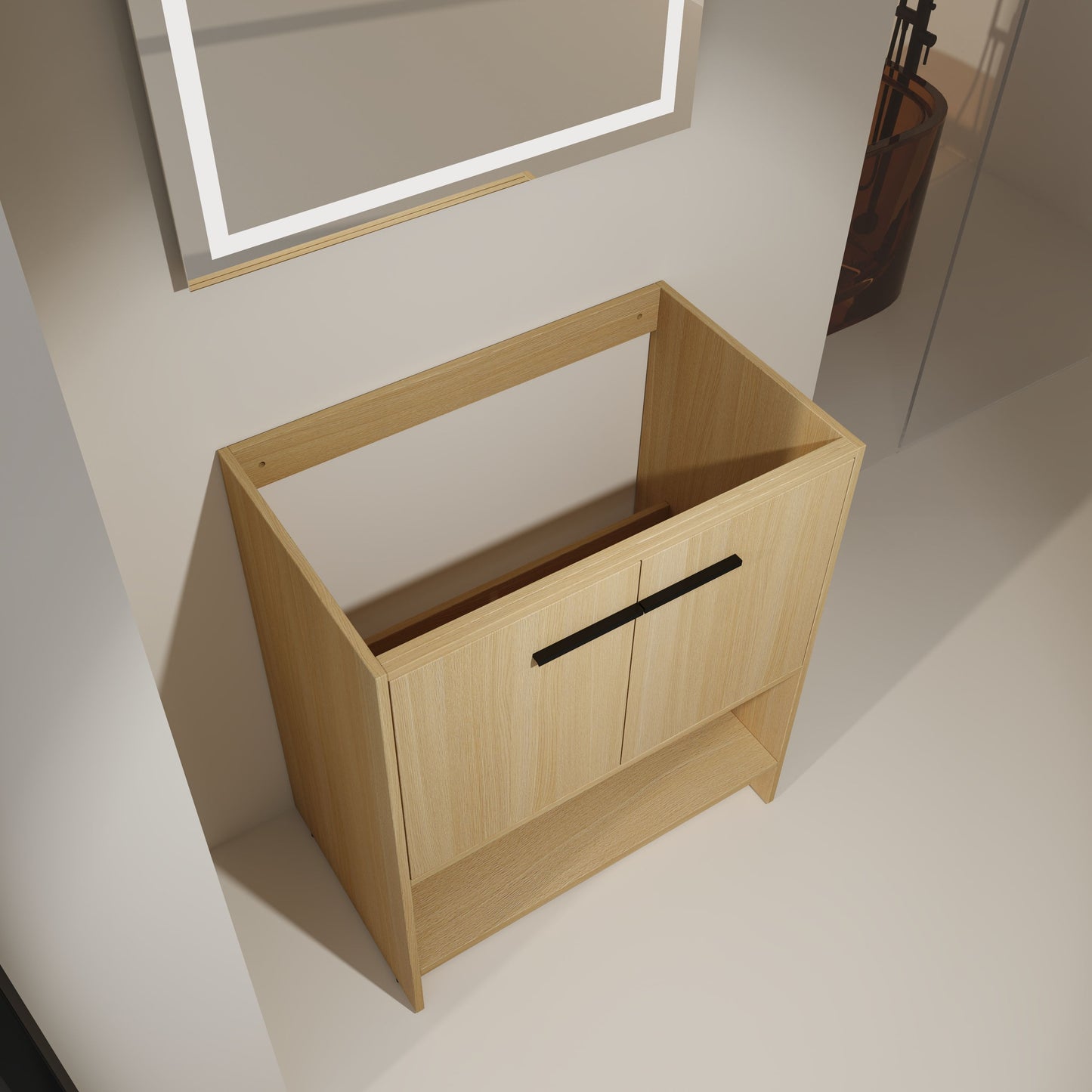 Modern Freestanding 30" Bathroom Vanity With Open Storage Compartment, Construction, Excluding Sink - Oak