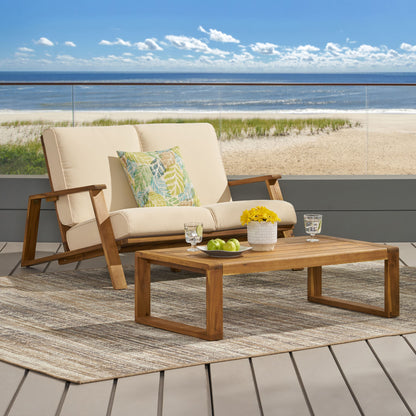 Paloma - Loveseat And Coffee Table Set With Adirondack Design Acacia Wood And Waterproof Fabric - Teak / Beige
