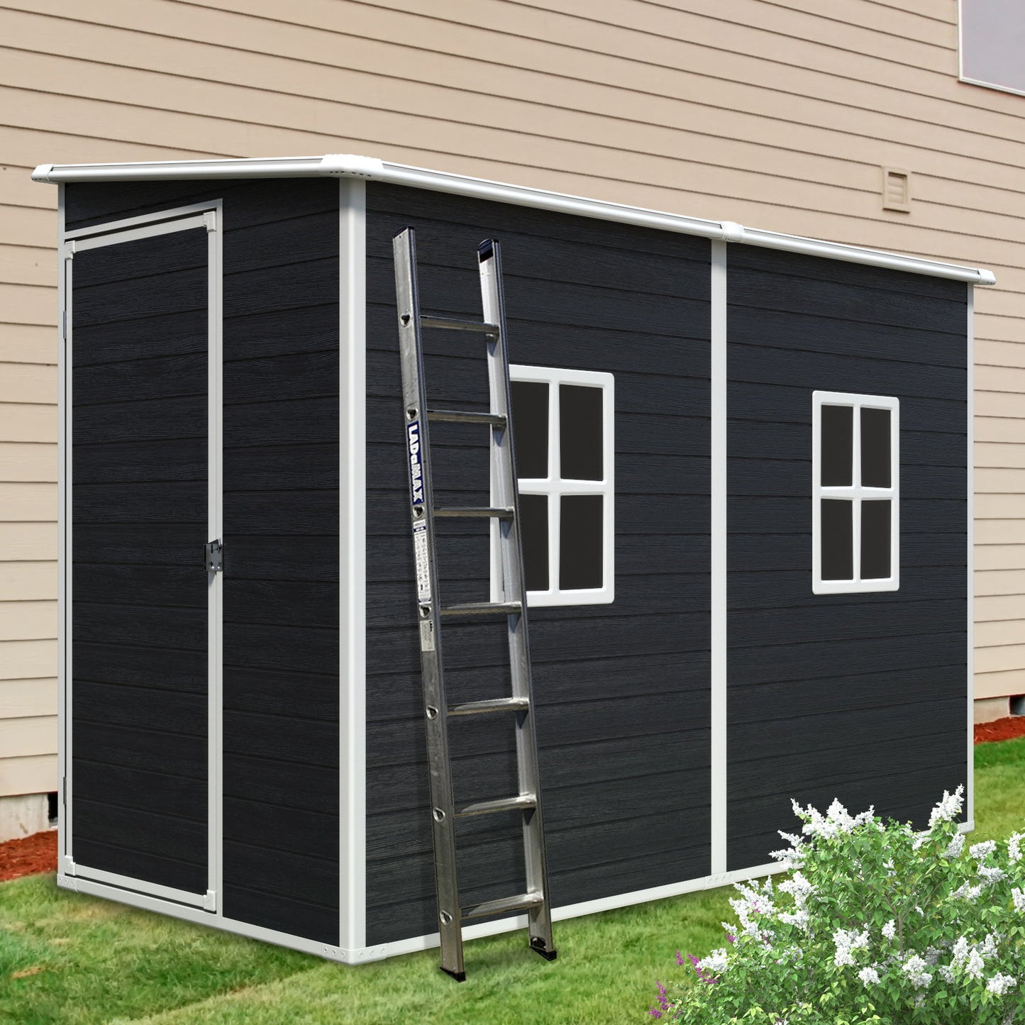 Outdoor Storage Shed With Floor Resin Shed With Two-Window, Waterproof, Lockable Doors For Patio, Yard, Lawn - Black