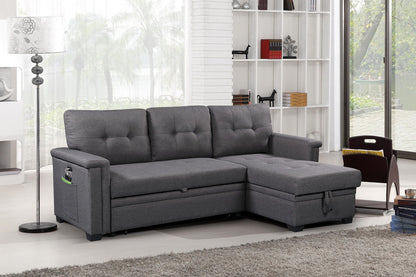 Ashlyn - Reversible Sleeper Sectional Sofa With Storage Chaise, USB Charging Ports nd Pocket - Dark Gray