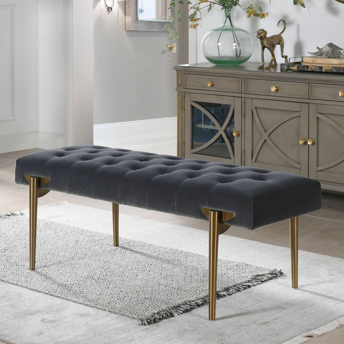 Aria - Upholstered Gold Accent Bench - Gray