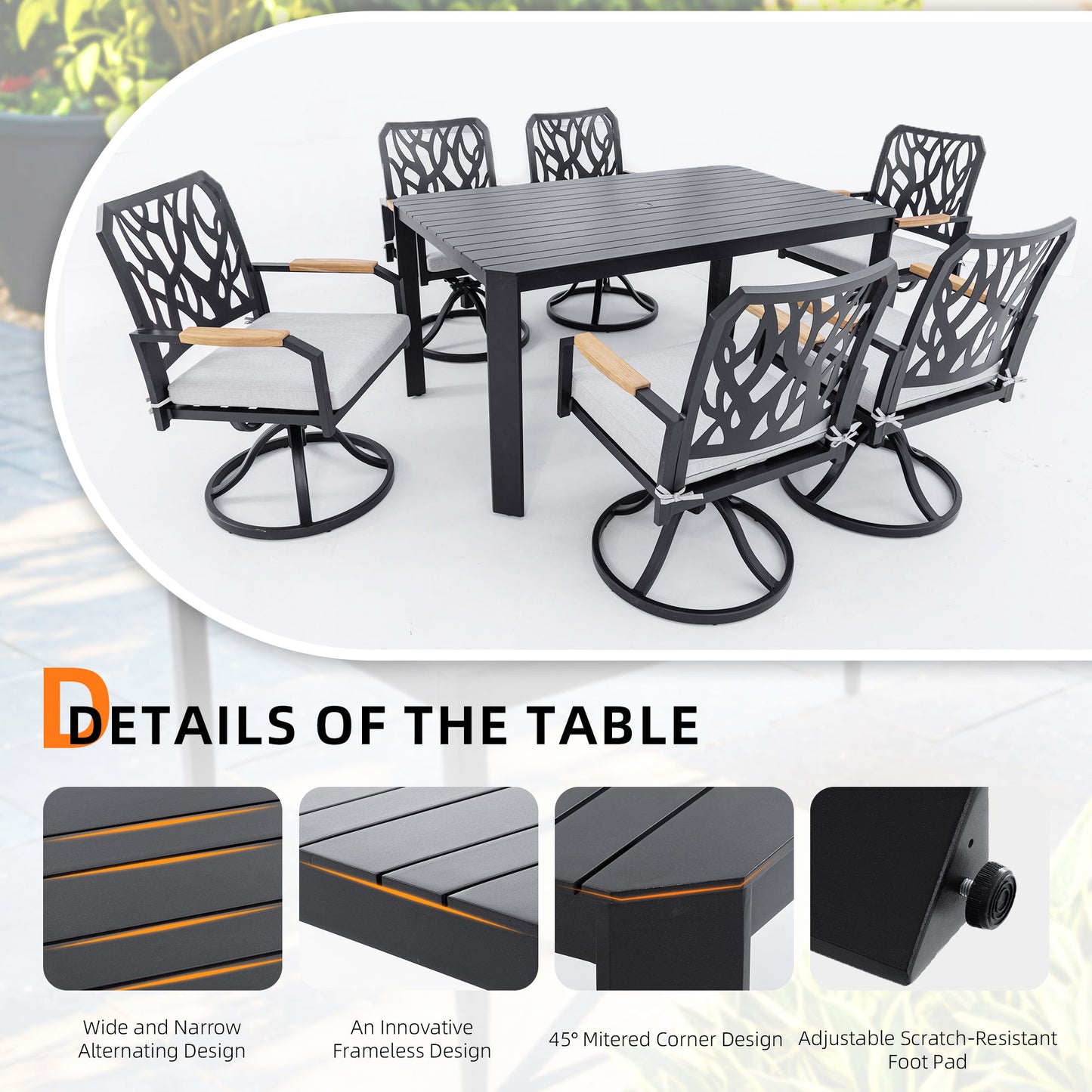 7 Pieces Outdoor Patio Furniture Set, Modern Dining Set With 6 Swivel Rockers Sunbrella Fabric, Rectangular Table With Umbrella Hole - Bourbon Brown