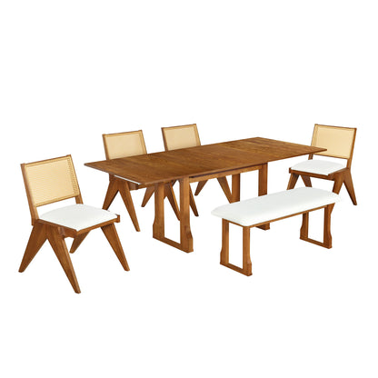 Modern 6 Piece Extendable Dining Table Set With 4 Wicker Back Upholstered Dining Chairs And Long Bench, 2 Removable Leaf - Walnut