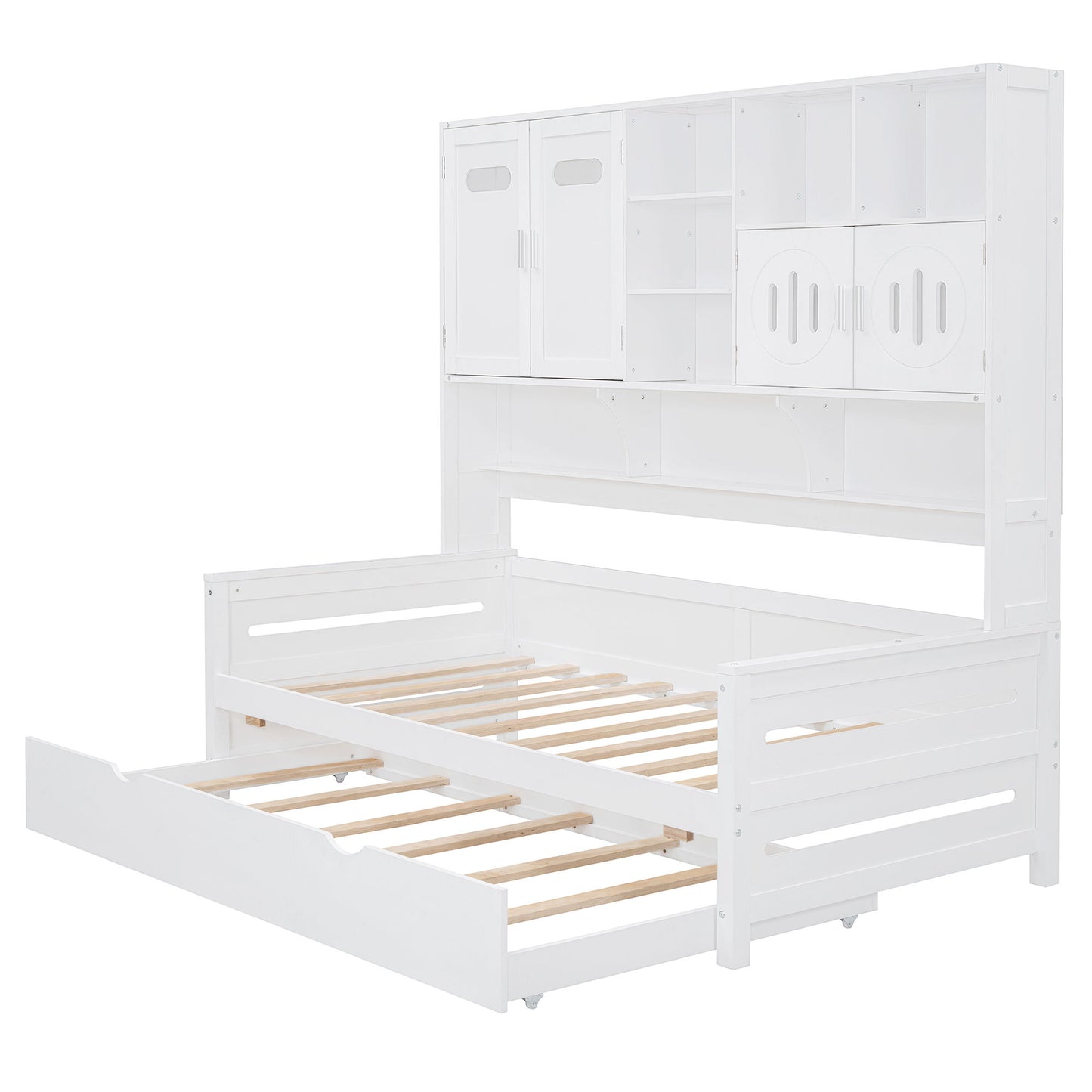 Twin Size Wooden Daybed With Twin Size Trundle, And All In One Cabinet And Shelf - White
