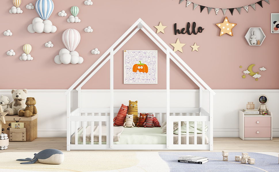 Full Wood House-Shaped Floor Bed With Fence, Guardrails - White