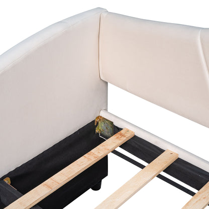 Twin Size Upholstered Daybed Sofa Bed With Trundle And Slat - Beige