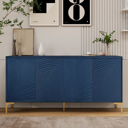 Modern 4 Door Sideboard With Creative Carved Surface And Adjustable Shelves - Light Blue