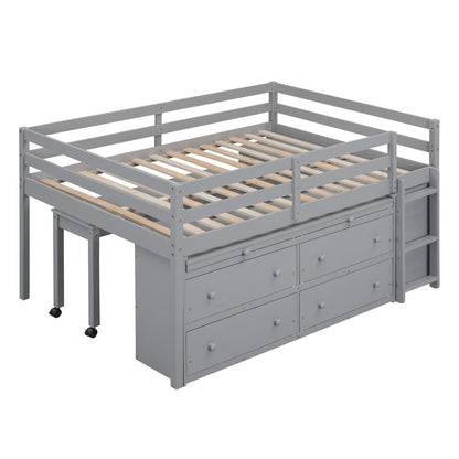 Full Size Loft Bed With Retractable Writing Desk And 4 Drawers, With Lateral Portable Desk And Shelves - Gray