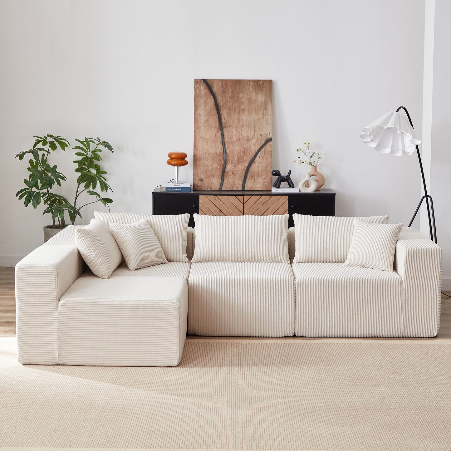 Corduroy Modular L Shaped Sectional Sofa, Luxury Floor Couch Set, 4 Piece Free Combination - Beige
