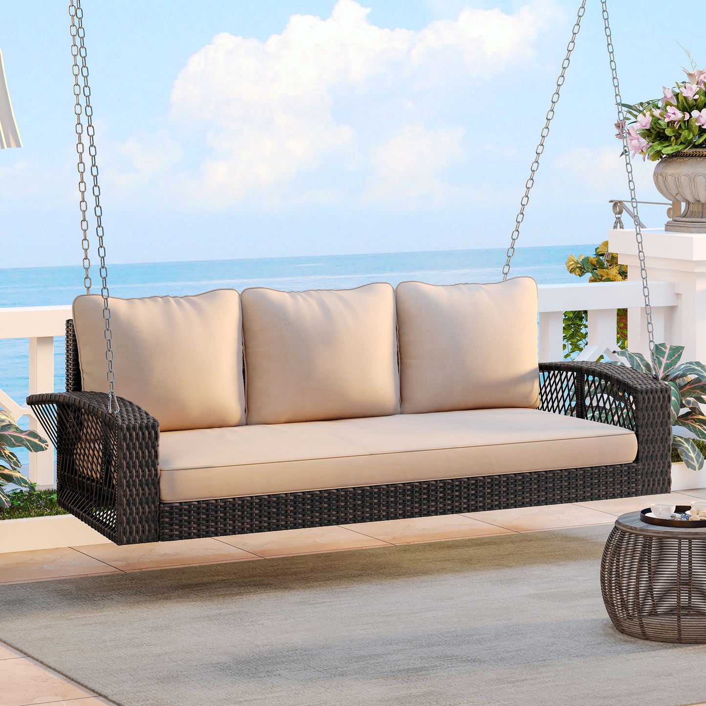 3 Person Porch Swing With Chains, Large Patio Swing Bench With Cushions For Backyard, Garden, And Poolside - Brown