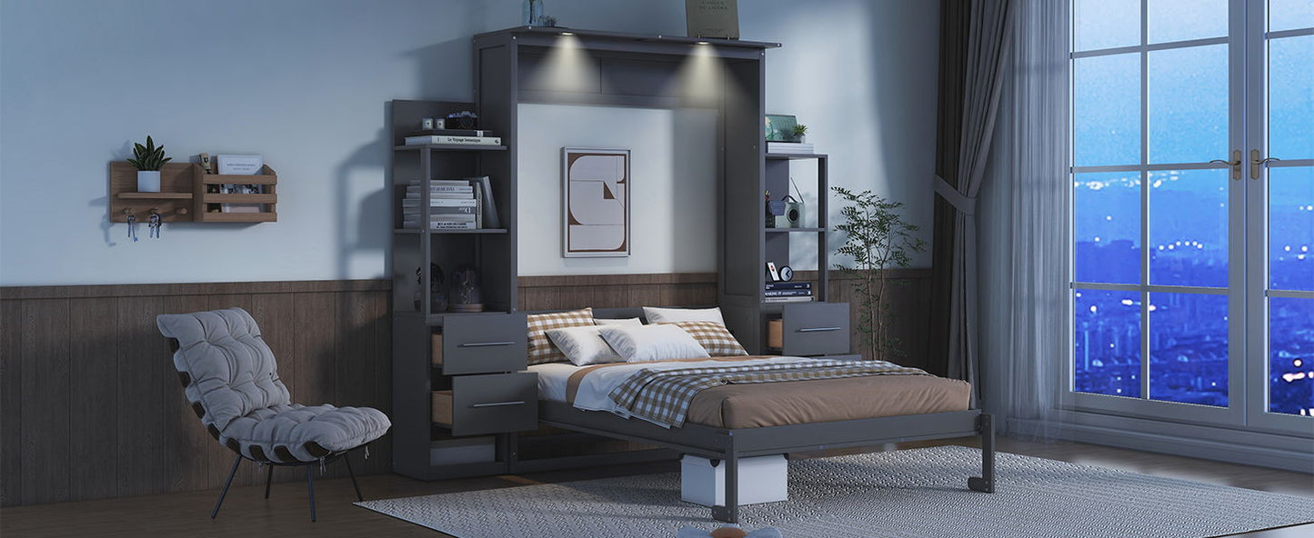 Full Size Murphy Wall Bed With Shelves, Drawers And LED Lights - Gray