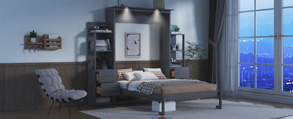 Full Size Murphy Wall Bed With Shelves, Drawers And LED Lights - Gray
