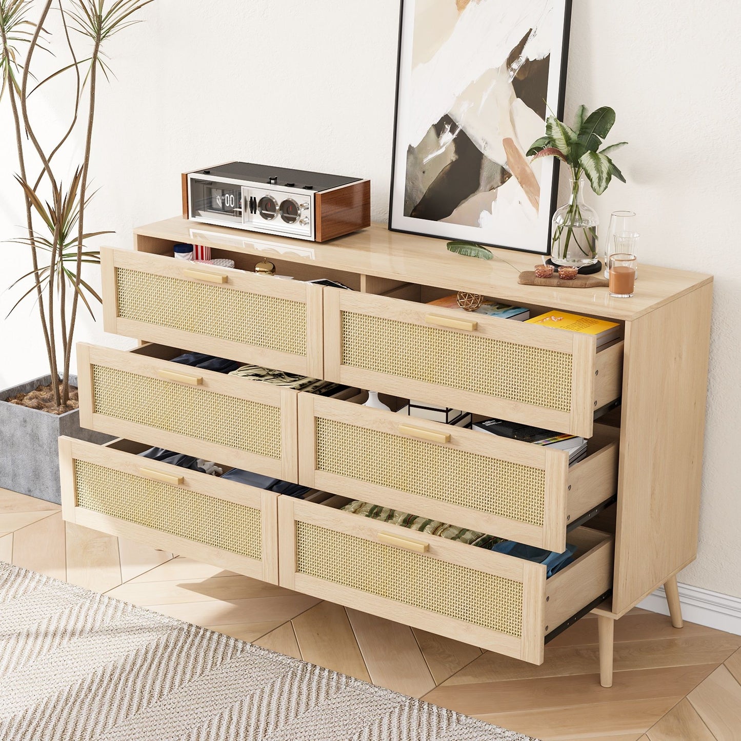 Rattan 6 Drawers Chest Of Dressers For Bedroom, Modern 6 Drawer Dresser, Wide Chest Of Drawers With Wood Handles, Rattan Dresser Storage Cabinet For Living Room, Bedroom, Hallway - Natural Wood / Oak