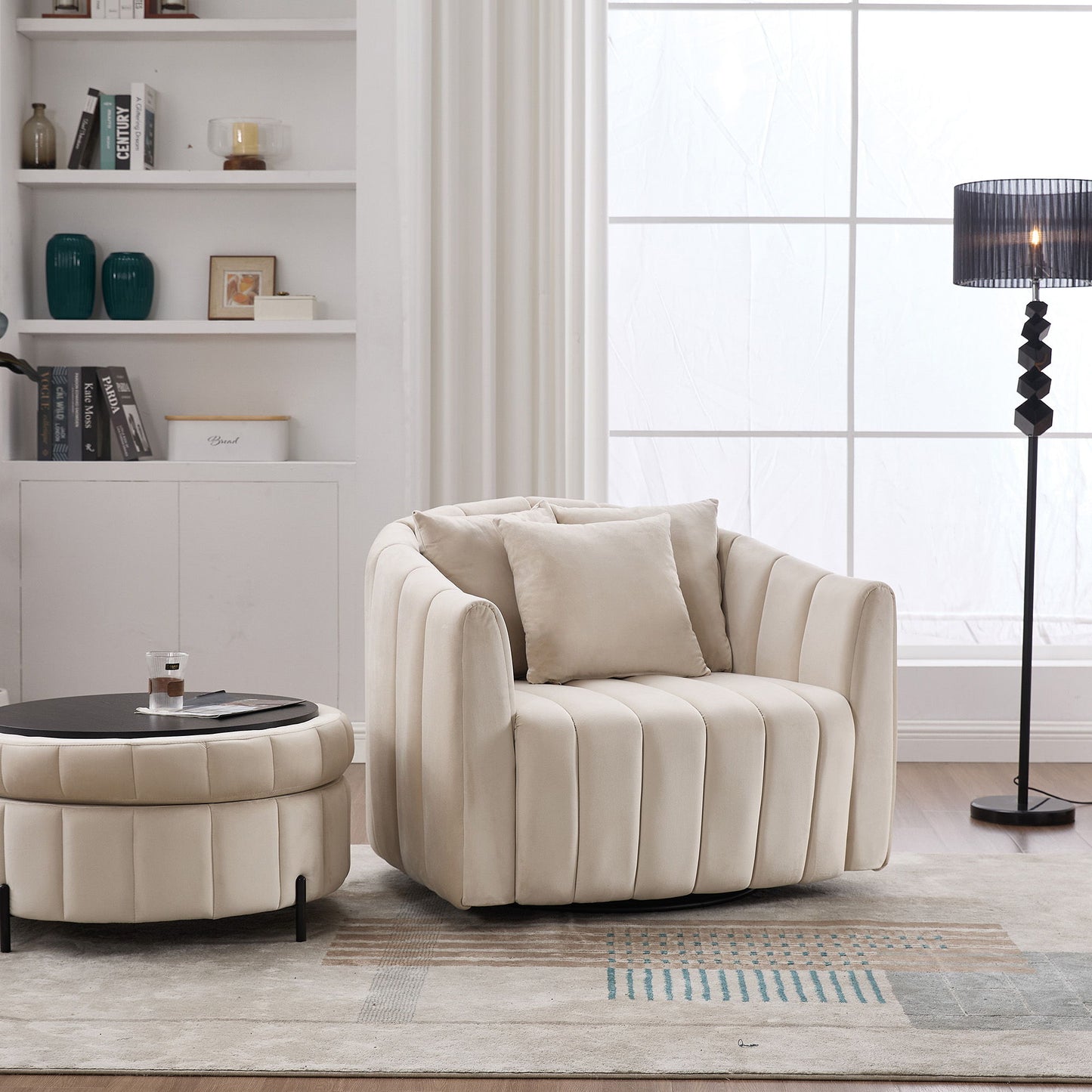 Oversized Swivel Barrel Accent Chair And Ottoman Set With Storage - Beige