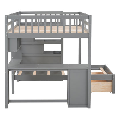 Full Over Twin Bunk Bed With Desk, Drawers And Shelves - Gray