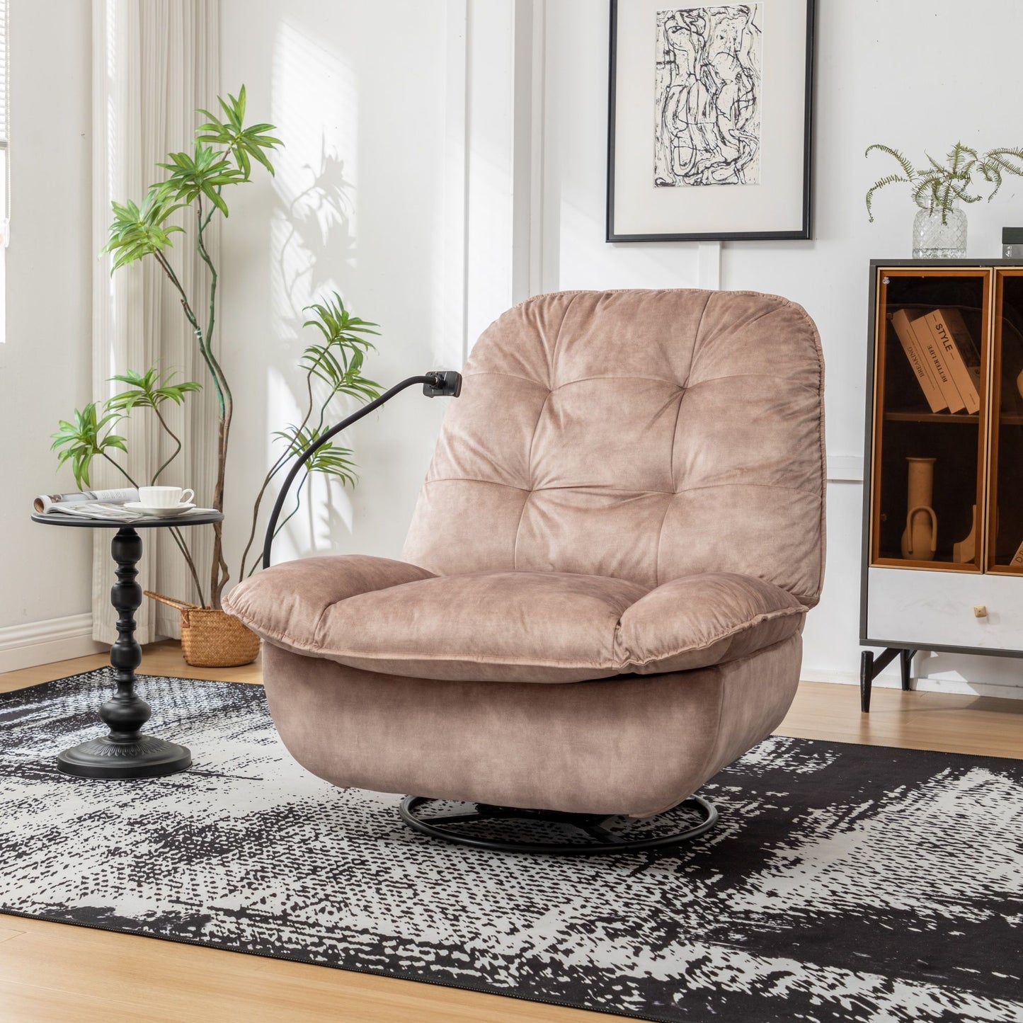 Modern Swivel Gliding Recliner Chair With Rocking Function And Phone Holder - Large Comfortable Reading Chair Stamped Velvet - Natural Brown