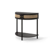 Boho Rattan Semi Circle End Table With Sliding Door, Elegant Wood Accent Table With Storage And Bottom Shelf - Black