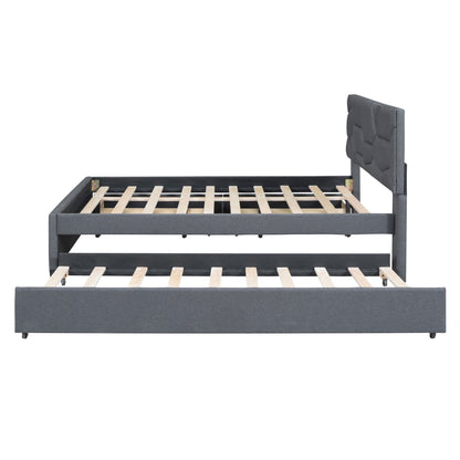 Full Size Upholstered Platform Bed With Brick Pattern Headboard, With Twin Size Trundle And 2 Drawers - Gray