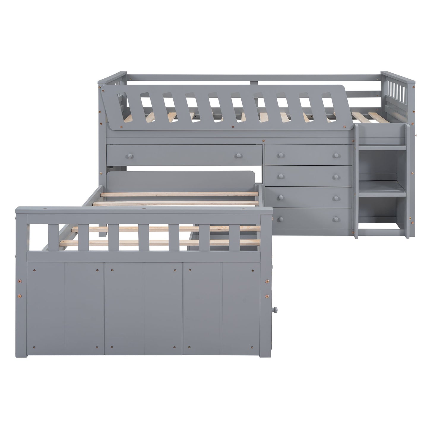 Twin Loft And Platform Bed With 7 Drawers And Full Guardrails, Modern L Shaped Space Saving - Gray
