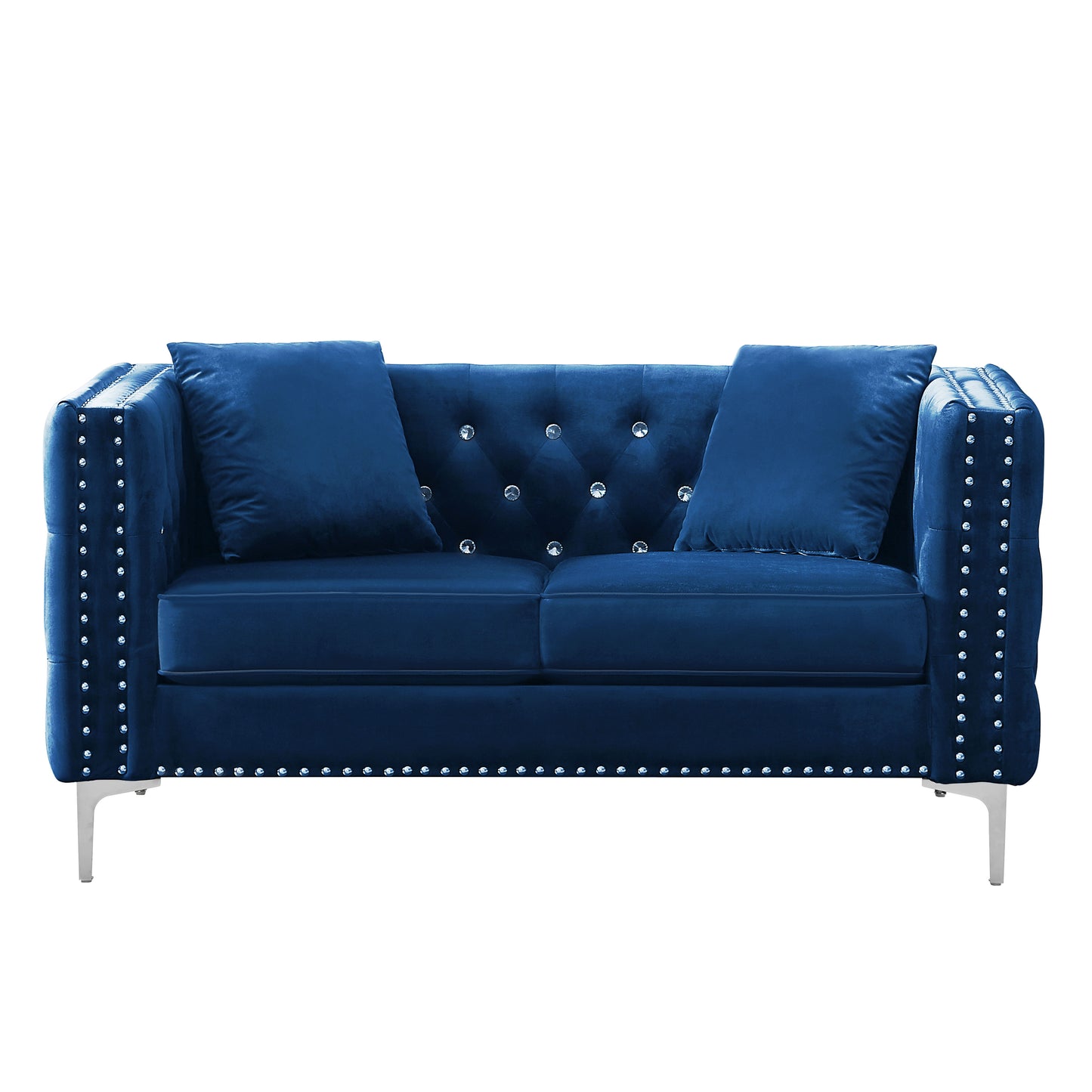 Wide Sofa With Jeweled Buttons, Square Arm, 2 Pillows - Blue