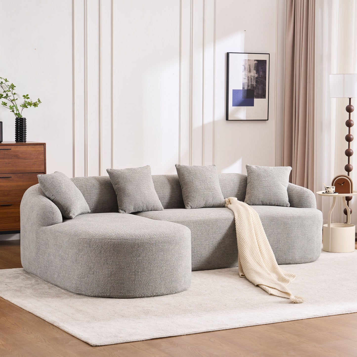 Compression Sofa: Combining Chaise Longue With 3 Seater, Wood Grain Chenille Fabric, Full Sponge Compression Sofa, Combined Sofa With 4 Pillows For Living / Home Furniture / Apartment - Gray