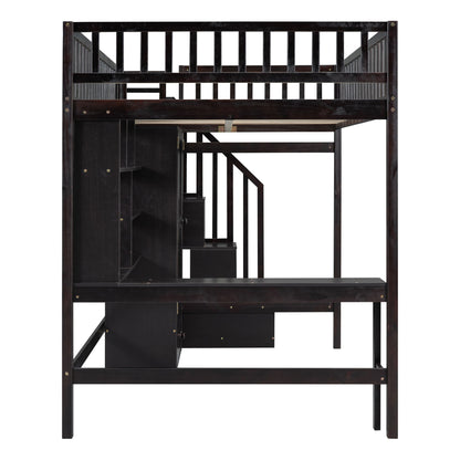 Full Size Loft Bed With Bookshelf, Drawers, Desk, And Wardrobe - Espresso