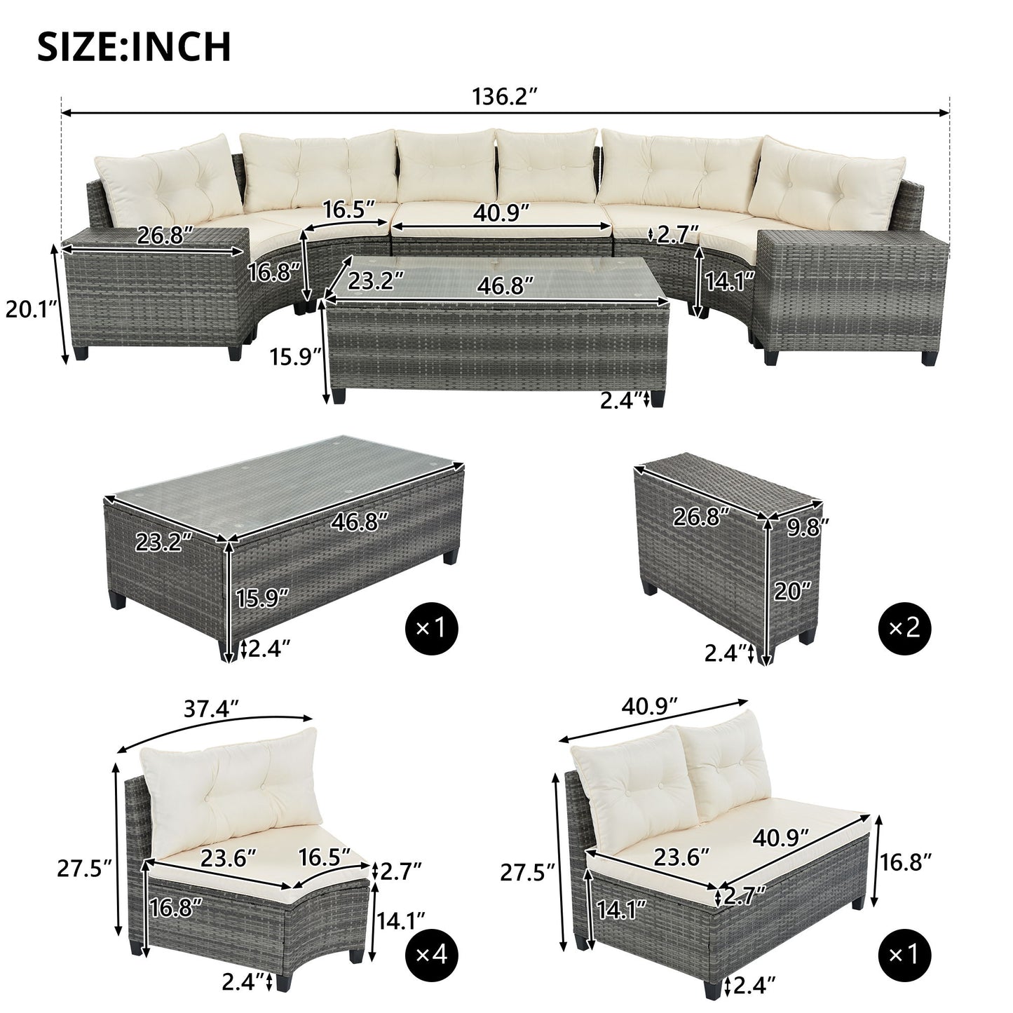 8 Pieces Outdoor Wicker Round Sofa Set, Half-Moon Sectional Sets All Weather, Curved Sofa Set With Rectangular Coffee Table, PE Rattan Water-Resistant And UV Protected, Movable Cushion - Beige