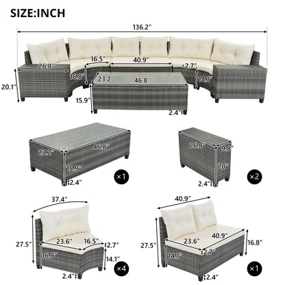 8 Pieces Outdoor Wicker Round Sofa Set, Half-Moon Sectional Sets All Weather, Curved Sofa Set With Rectangular Coffee Table, PE Rattan Water-Resistant And UV Protected, Movable Cushion - Beige
