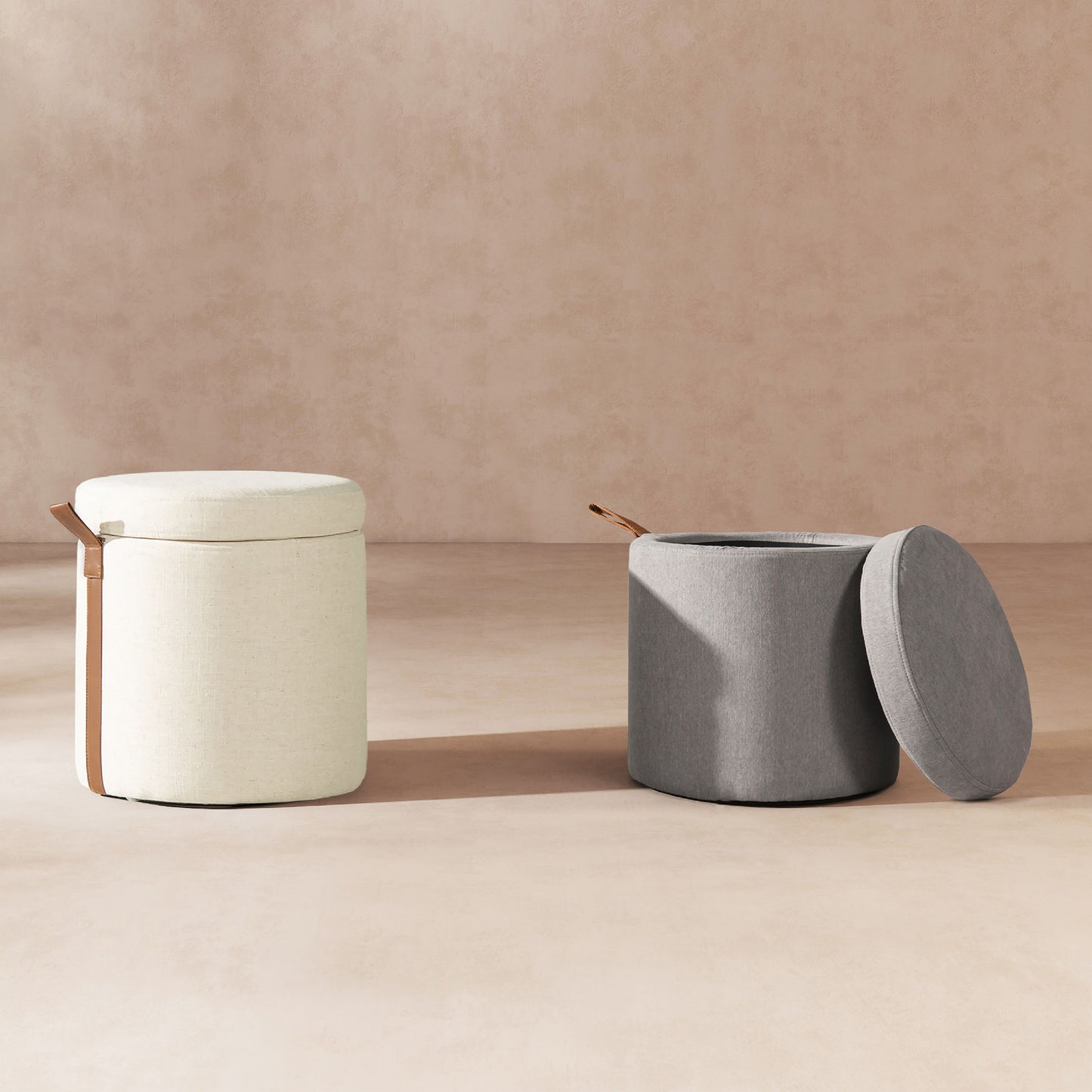 Brandy - Round Upholstered Storage Ottoman With Leather Accent - Gray