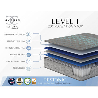 Comfort Care - 13" King Size Hybrid Mattress, Plush Comfort - Gray / Blue