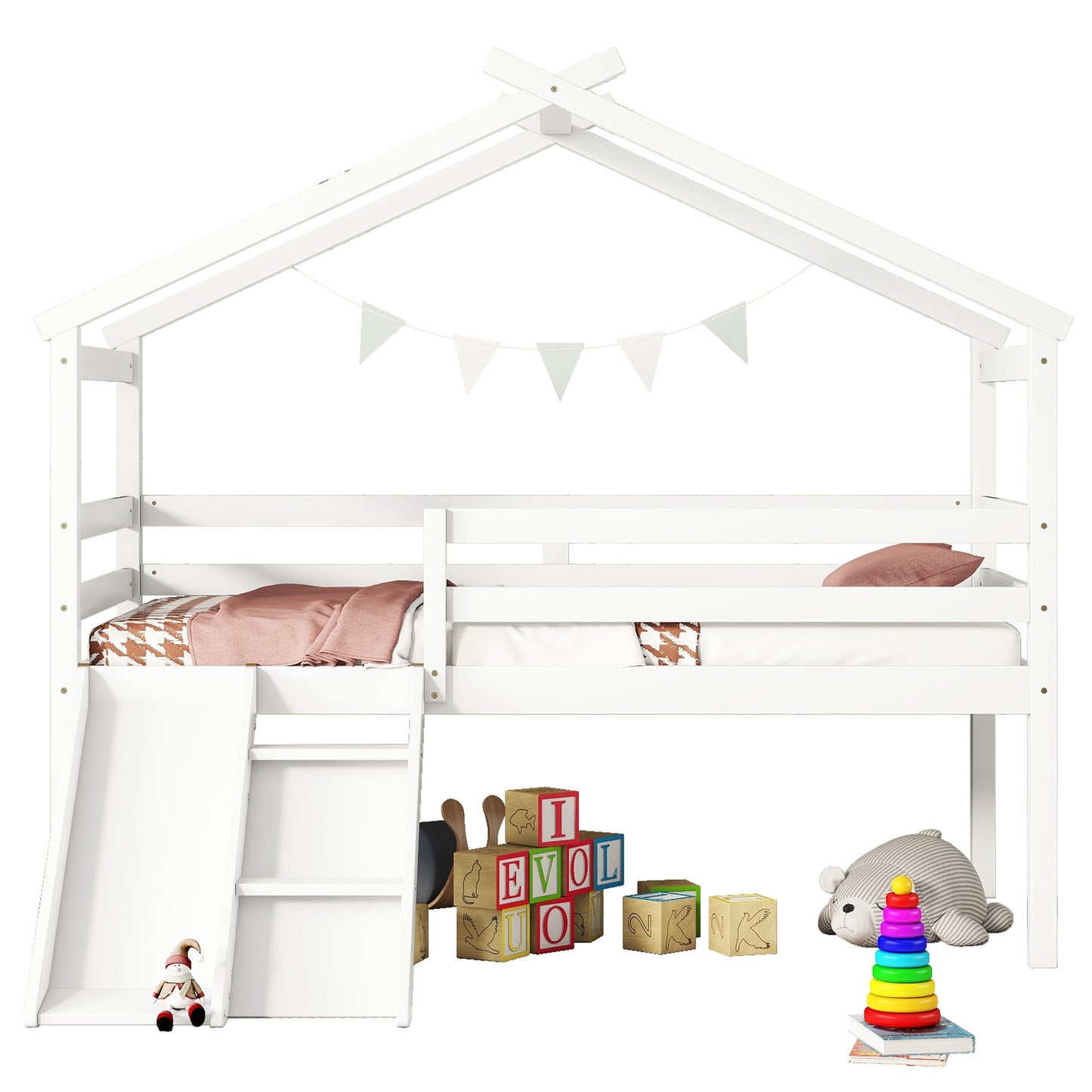 Twin Low Loft House Bed With Slide, Ladder, Safety Guardrails, House Roof Frame - White