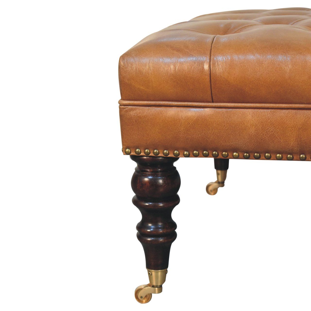Buffalo - Studded Leather Ottoman With Castor Legs - Tan